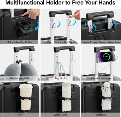 Hanke 28 Inch Luggage with Cup Holder and Charge,Top Opening Hard Shell Suitcases with Wheels and Dividers,Aluminum Frame Trunk Luggage Extra Large Suitcase with Lock for Travel，Jet Black