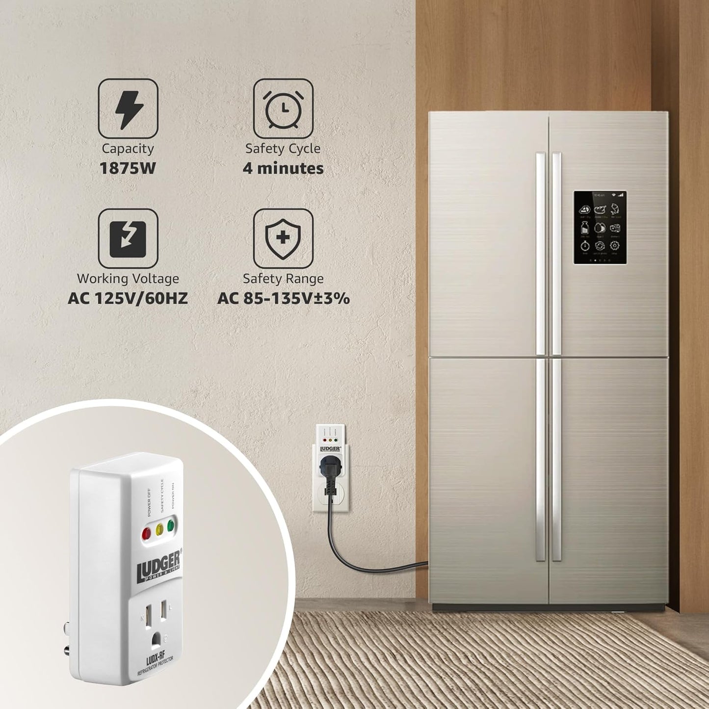 Ludger Power Surge Protector for Refrigerator (LUDX-RF), ETL Certified, Connects to Most Domestic Refrigerators, 4-Minute Safety Cycle, 3 Modes LED Indicator, Fire-Resistant Shell