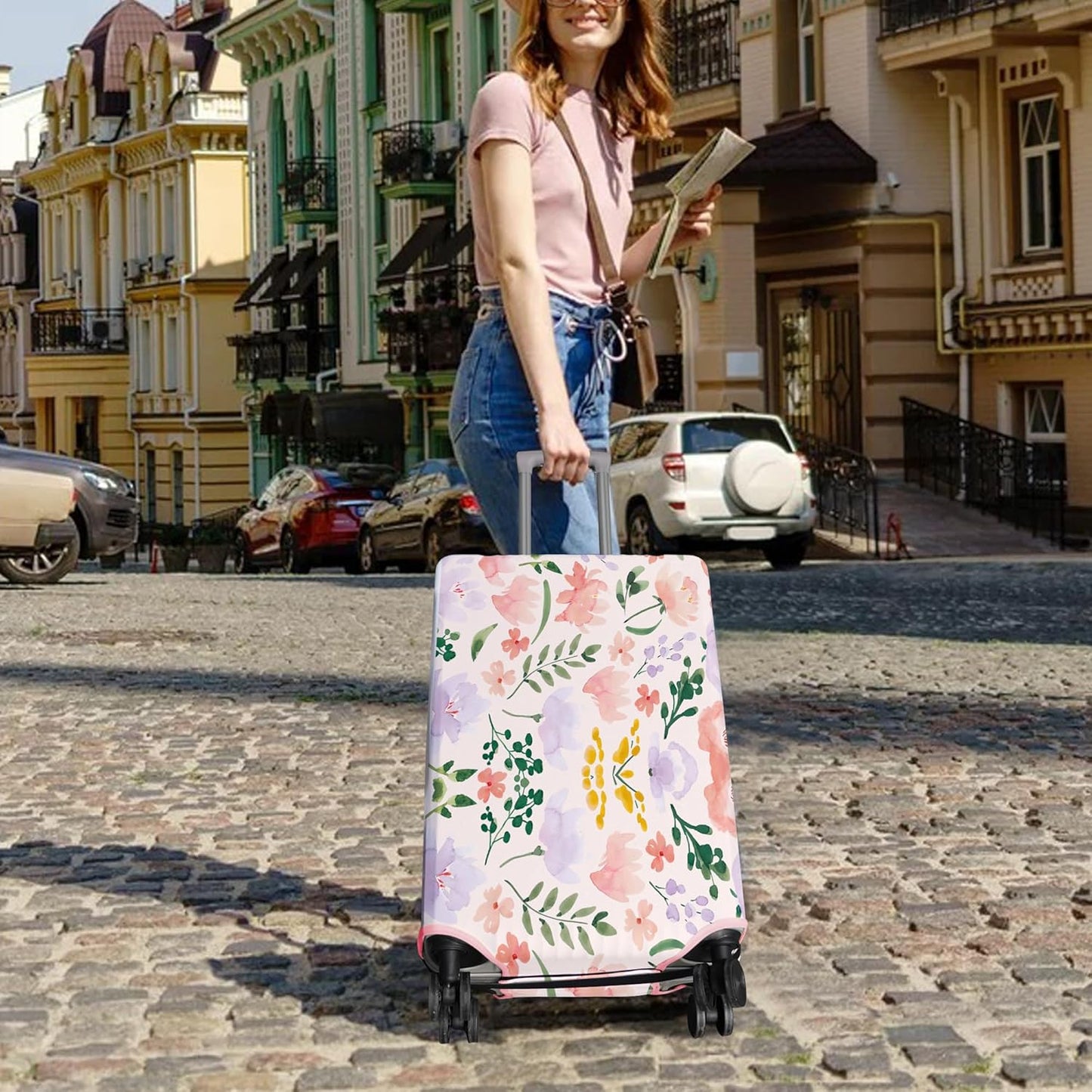 Travel Luggage Cover Suitcase Protector Fits 18-32 Inch Wheel Covers PatternedTravel Related Items Flower Luggage Protector Elastic L