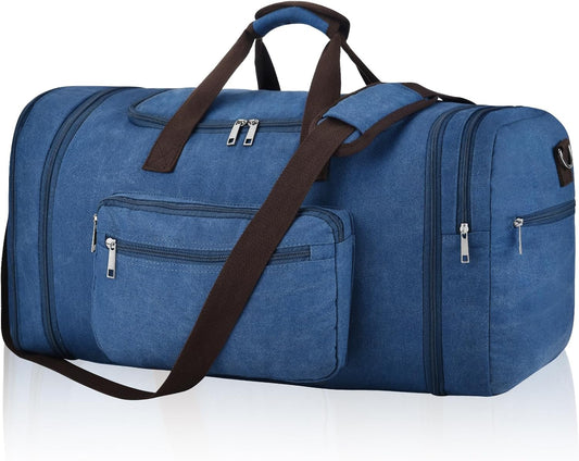 Felipe Varela 60L Duffle Bag for Men, Large Expandable Canvas Duffel Bag for Travel, Mens Carry On Luggage Bag Traveling Weekender Gym Overnight Bags for Airplanes, Blue