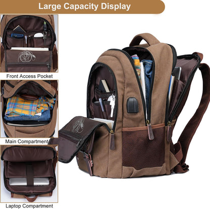 Mactso Canvas Travel Laptop Backpack for Men Women, Business Work Rucksack College School Computer Bag Fits 15.6 Inch Notebook,Bookbag with USB Charging Port (Coffee, 15.6 Inch)