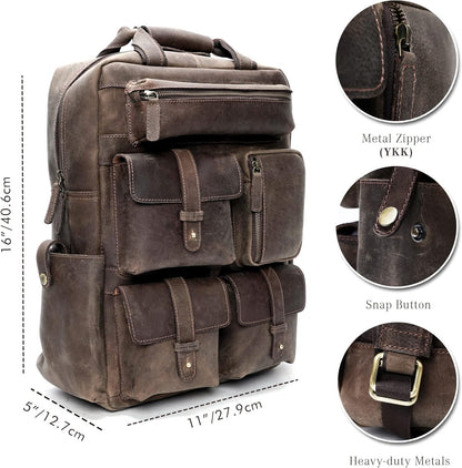 Handmade Leather Backpack for Men and Women, 15.6 Inch Laptop Bag, Genuine Leather Casual Daypack, For College & Office, Travel or Hiking - Retro Hunter Brown