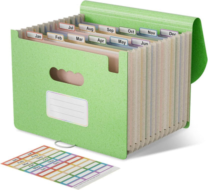 Accordion File Organizer, 13 Pockets Wheat Straw Expanding File Folder, Portable Monthly Paper Bill Tax Receipt Organizer, Letter A4 Size Document Holder with Colorful Tab - Grass Green