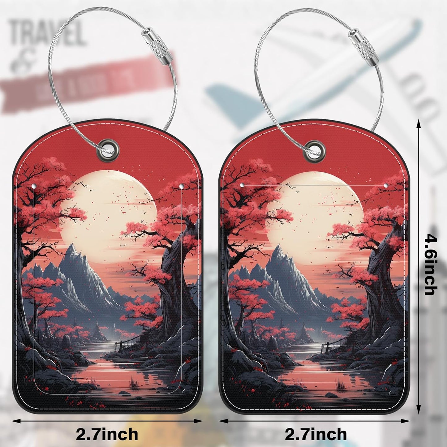 2 PCS Leather Luggage Tag for Suitcase Japanese Mountains Travel Suitcase Labels with Privacy Name ID Label and Stainless Steel Loop for Adults Teens Travel Bag Labels Set