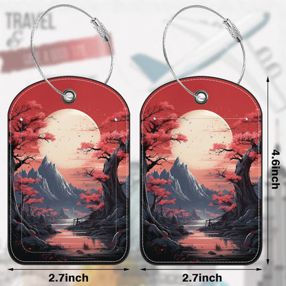 2 PCS Leather Luggage Tag for Suitcase Japanese Mountains Travel Suitcase Labels with Privacy Name ID Label and Stainless Steel Loop for Adults Teens Travel Bag Labels Set
