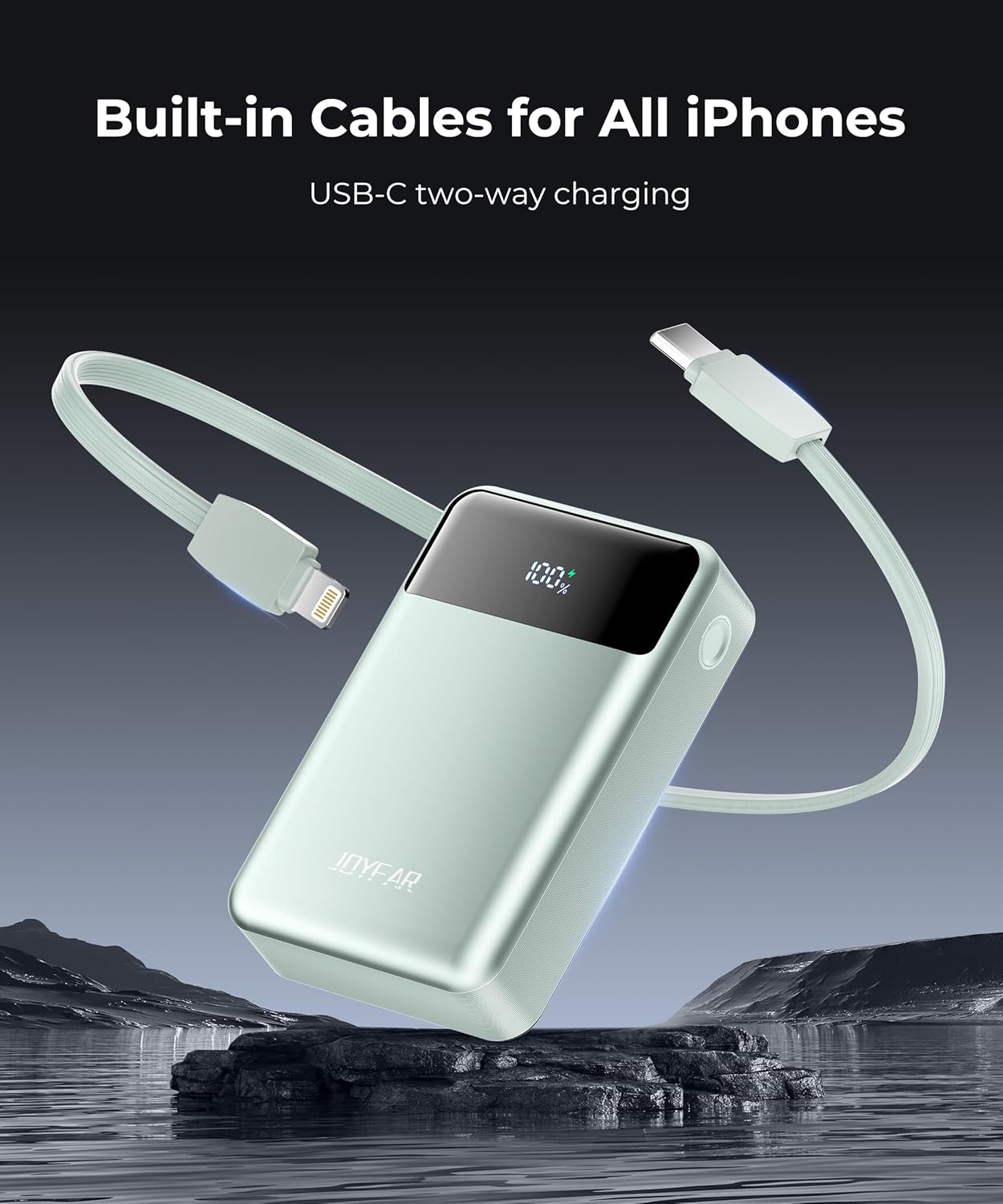 Portable-Charger-Power-Bank Travel Essentials Battery Pack USB C 30000mAh Built in Cable 22.5W Phone Fast Charging Powerbank Compatible with iPhone 16 15 14 13 12 11 iPad Samsung Google (Green)