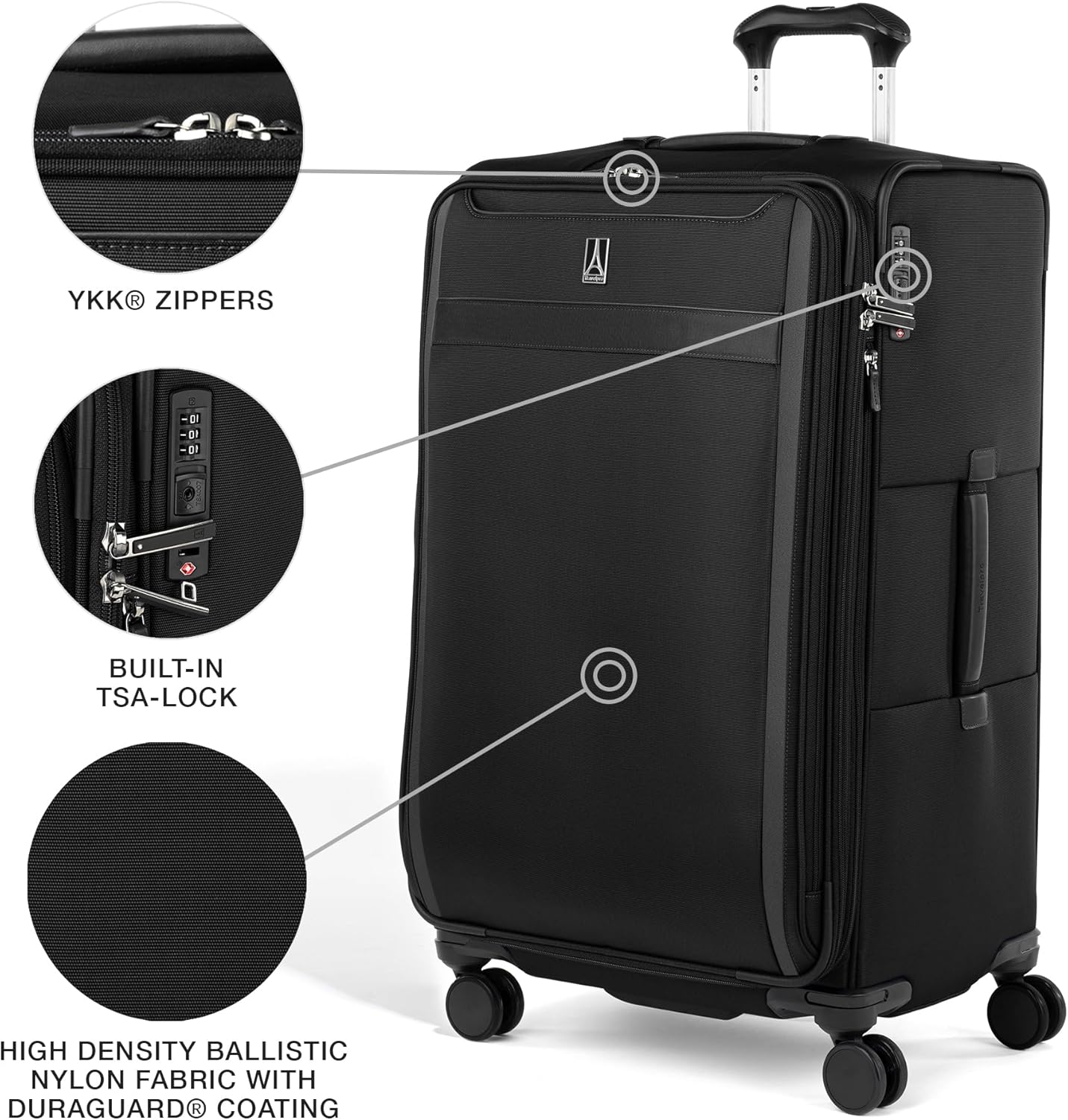Travelpro VersaPack+ Lightweight Softside Expandable Checked Luggage, 8 Spinner Suitcase, TSA Lock, Men and Women, Checked Large 29-Inch, Black