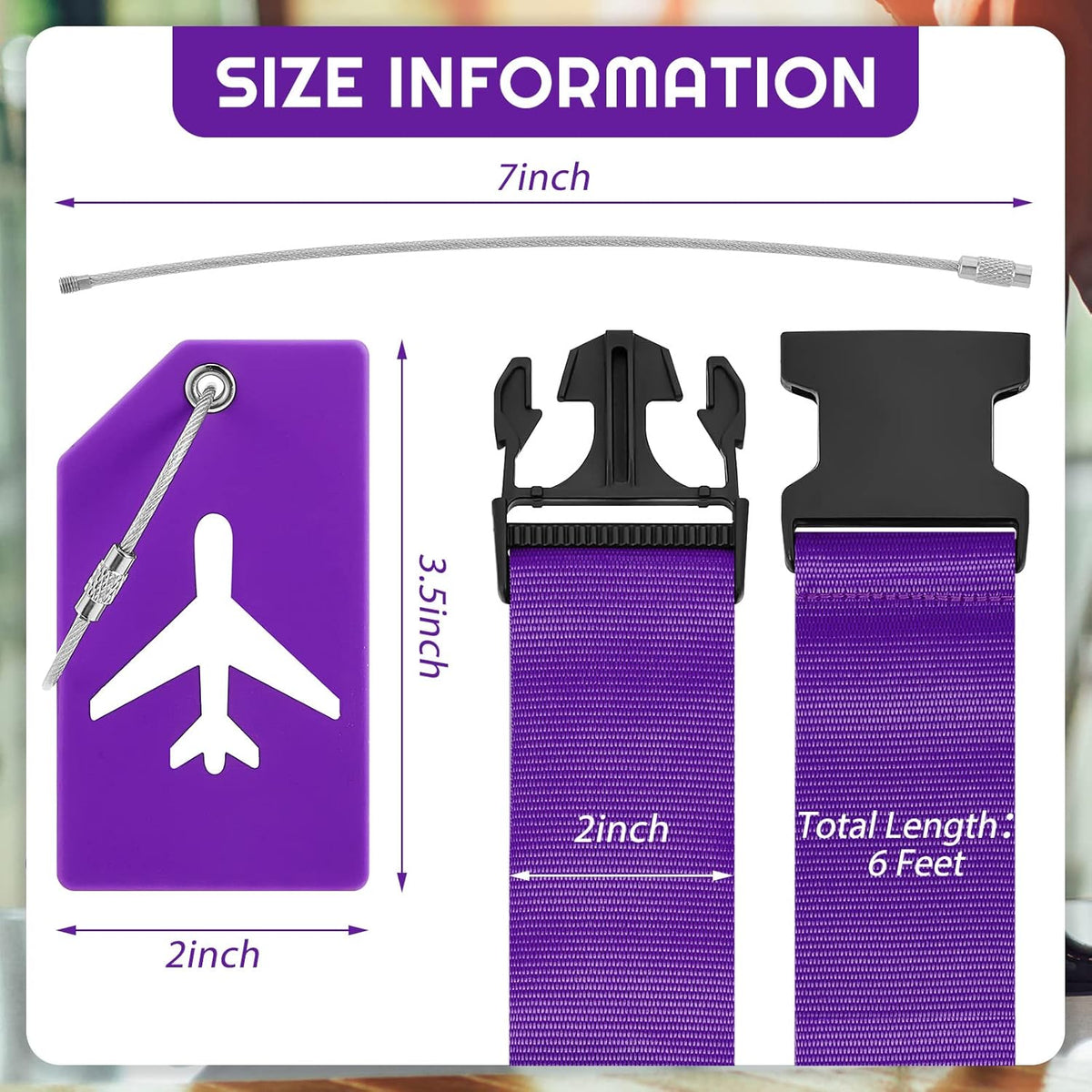 Weewooday 8 Pcs Luggage Straps Suitcase Tags Set for TSA Approved, 4 Travel Adjustable Suitcase Belt, 4 Silicone Luggage Tags with Name ID Card Travel Accessories(Dark Purple,Airplane)