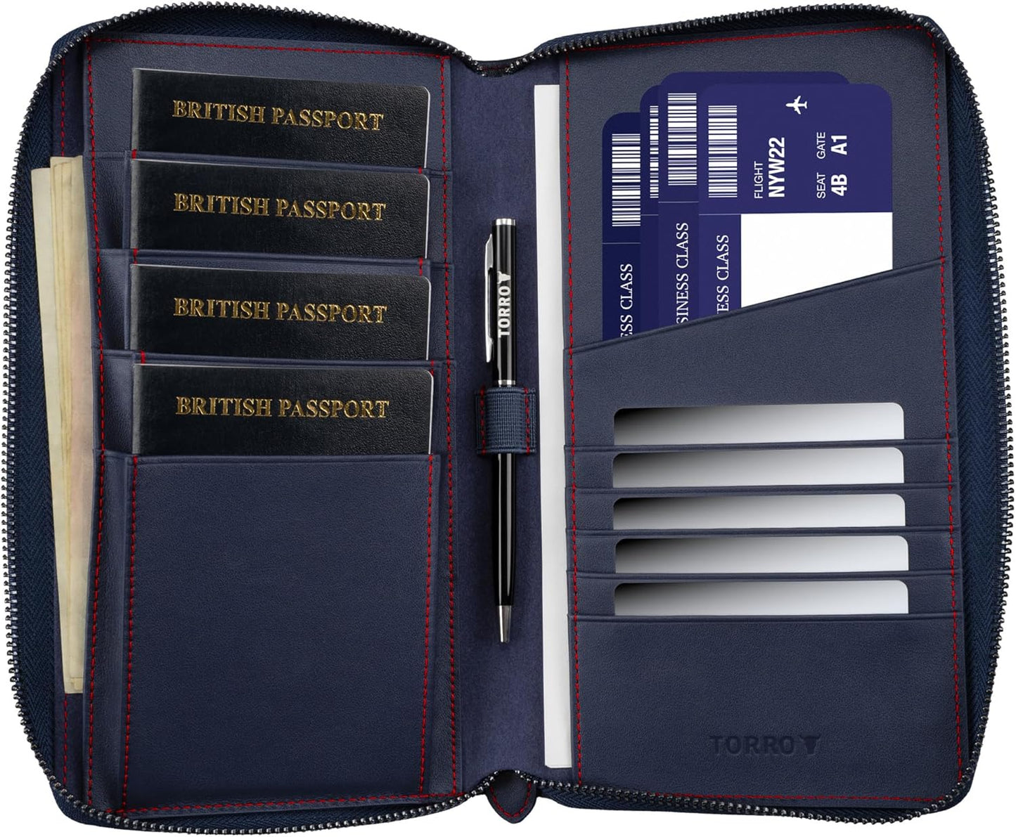 TORRO Premium Leather Family Travel Wallet, RFID Blocking Travel Organizer, Family Passport Holder for 4 Passports, Travel Documents and Cards (Navy Blue)