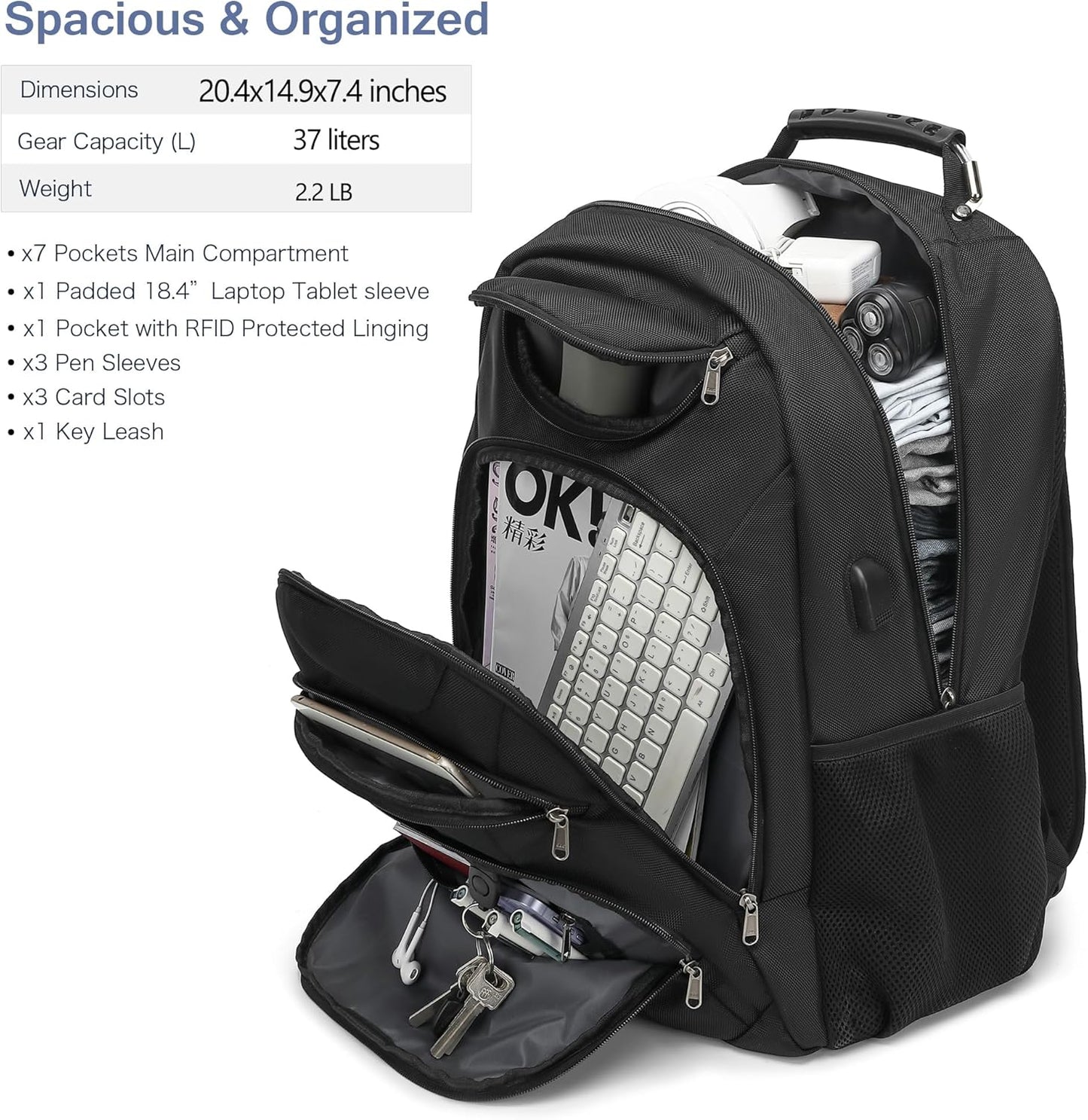 Extra Large Laptop Backpack for Men,37L Gaming Laptop Backpack,18.4Inch Travel Backpack with USB Charging Port, Business Flight Approved -Big Capacity Computer Bag College Bookbag, Black Black