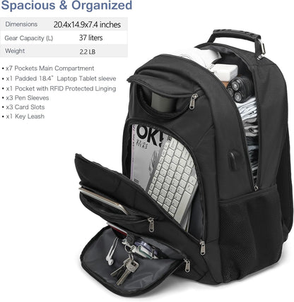 Extra Large Laptop Backpack for Men,37L Gaming Laptop Backpack,18.4Inch Travel Backpack with USB Charging Port, Business Flight Approved -Big Capacity Computer Bag College Bookbag, Black Black