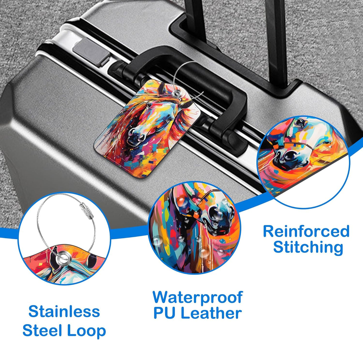 Abstract Horse Luggage Tags for Suitcases Leather Travel Tags for Luggage ID Label with Privacy Cover and Stainless Steel Loop for Men Women Suitcase Backpack, Set of 2