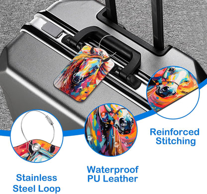 Abstract Horse Luggage Tags for Suitcases Leather Travel Tags for Luggage ID Label with Privacy Cover and Stainless Steel Loop for Men Women Suitcase Backpack, Set of 2