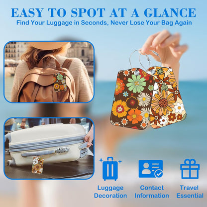 70s Retro Floral Luggage Tags for Suitcases Leather Travel Tags for Luggage ID Label with Privacy Cover and Stainless Steel Loop for Men Women Suitcase Backpack, Set of 2
