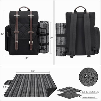Picnic Backpack for 2 Person with Large Insulated Cooler Bag, Picnic Basket Set with Wine Pouch, Waterproof Picnic Blanket & Cutlery Set. Perfect for Camping, Party,Wedding Gift for Couple.2P-Black