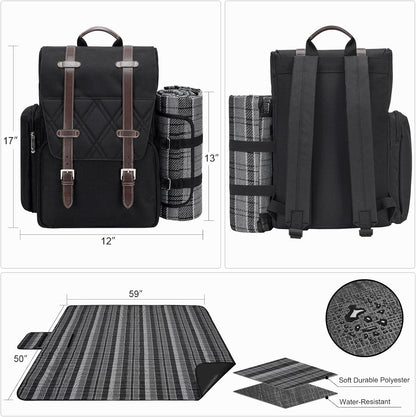 Picnic Backpack for 4 Person with Large Insulated Cooler Bag, Picnic Basket Set with Wine Pouch, Waterproof Picnic Blanket & Cutlery Set. Perfect for Beach, Camping, Party,Wedding Gift for Couple.