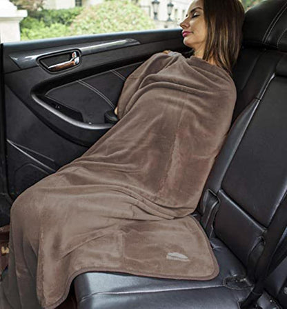 BlueHills Premium Soft Travel Blanket Pillow Airplane Flight Blanket Throw in Soft Bag Pillow case with Luggage Belt & Backpack Clip Compact Pack Large Airport Taupe T023