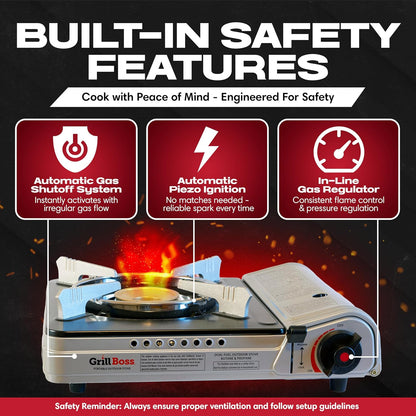 Grill Boss Dual Fuel Portable Stove, Dual Fuel Butane & Propane Stoves, 12K BTU Butane Camp Stove & Propane Portable Camping Stoves for Emergencies, Outdoor BBQ, Cooking, Hikings & Backpacking - 90057