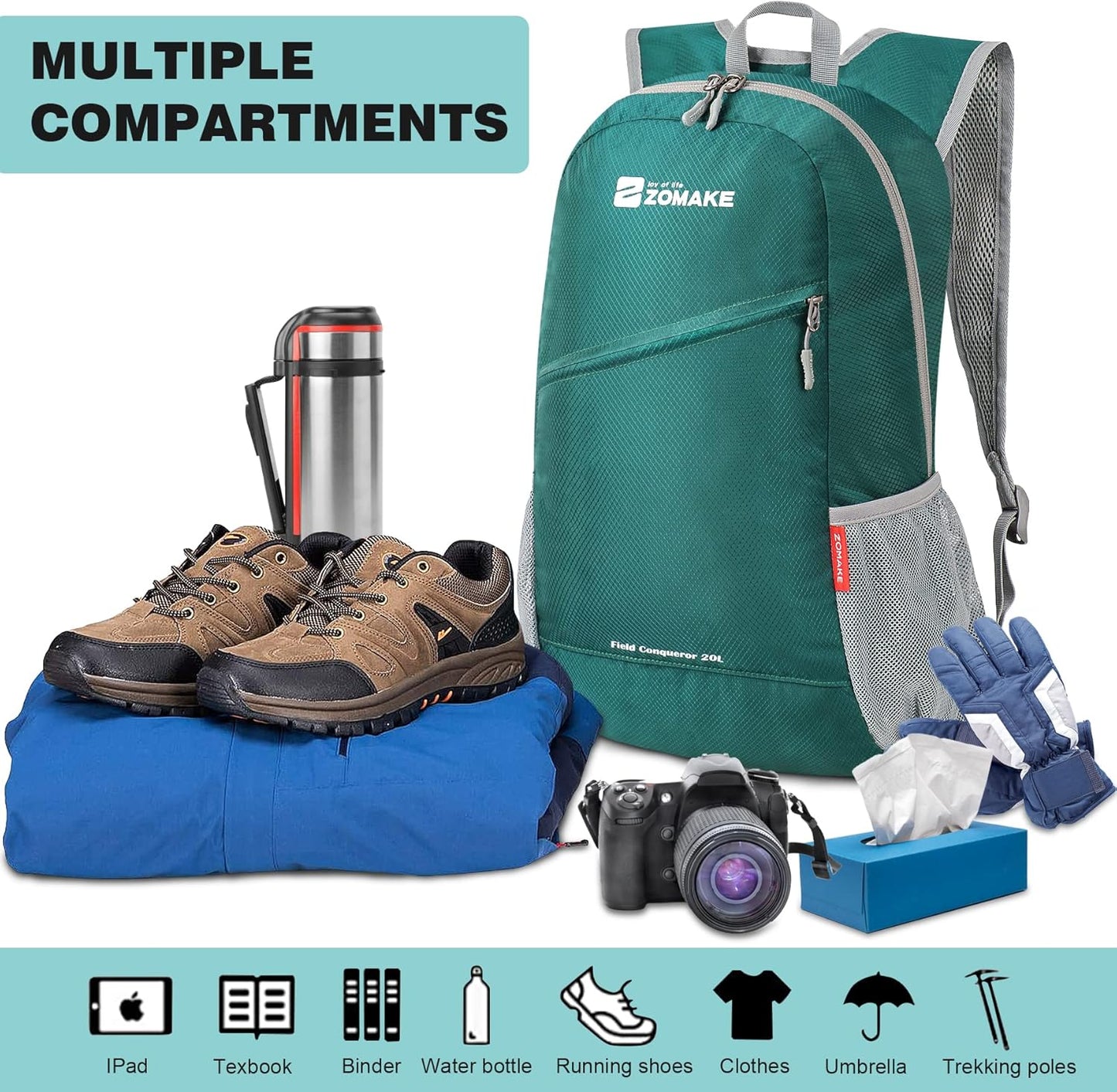 ZOMAKE Lightweight Packable Backpack 20L, Foldable Backpacks Small Daypack for Hiking Water Resistant Day Bag for Travel