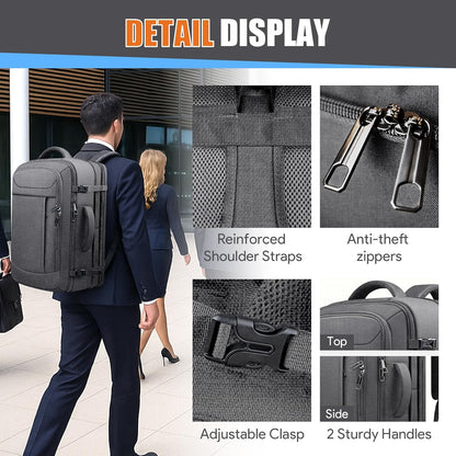 Carry On Backpack, Travel Laptop Backpack, Expandable 40-50L Large Luggage TSA Flight Approved Anti-Theft Laptop Bag, Sturdy 17 Inch TSA Friendly Water Resistant Business Bag for Men, Grey