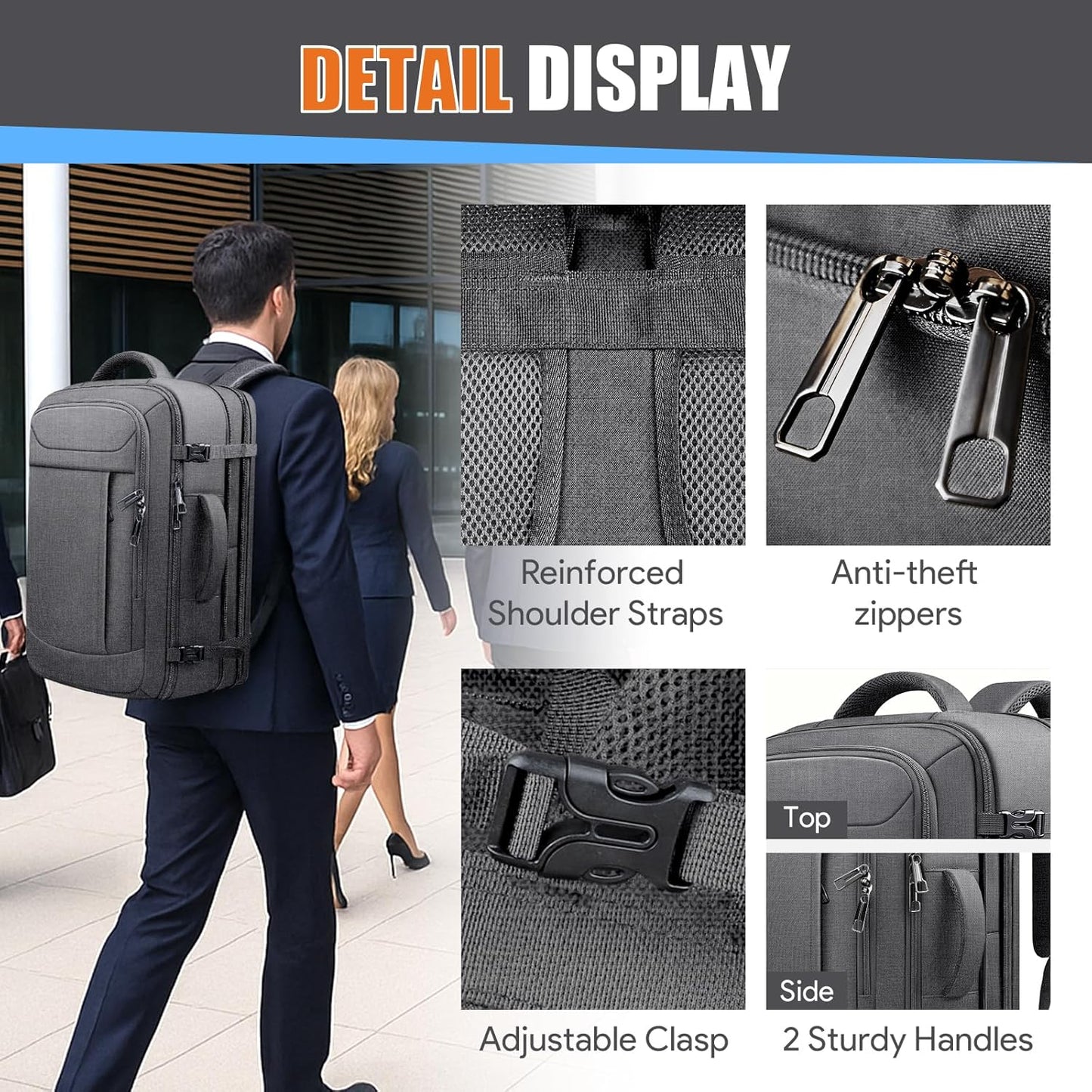 55L Travel Backpack, Carry On Backpack, Expandable 50L - 60L Anti-Theft TSA Flight Approved Large Laptop Bag, Sturdy 18.4 Inch Lightweight Water Resistant Business Bag for Men, Grey