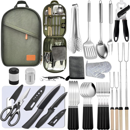 Camping Cooking Utensils Set - Camping Utensil Set Car Camping Cooking Essentials Gear for Camp Kitchen Cooking and Grilling, Stainless Steel & Silicone Ideal Gift for RV Tent Camper
