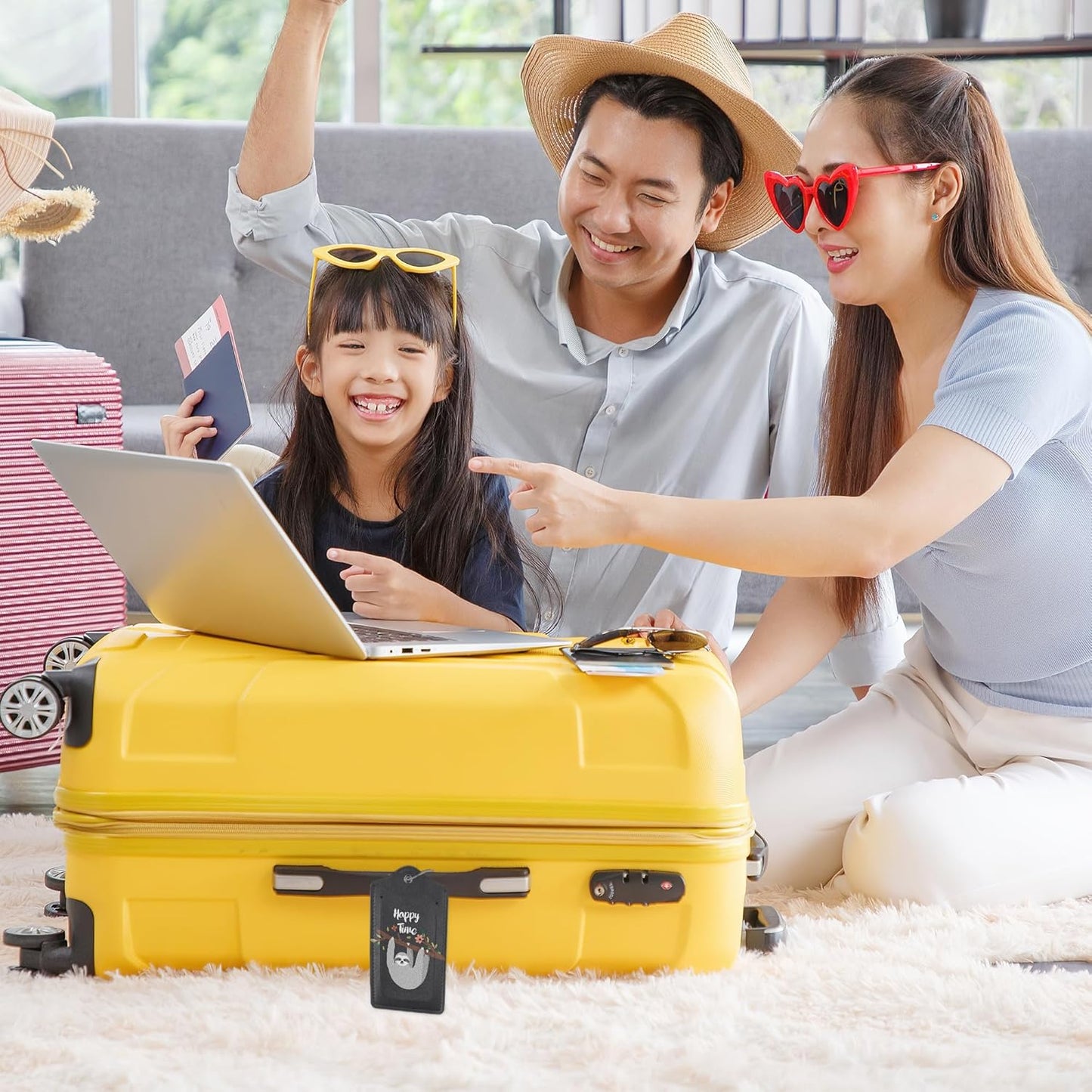 Set of 2 Funny Sloth,Happy Time Cartoon Animal Luggage Tags for Suitcases, Cute Sloth, Colorful Tropical Leaves Leather Suitcase Tag Name Identifiers Labels for Travel Bag Baggage Backpack