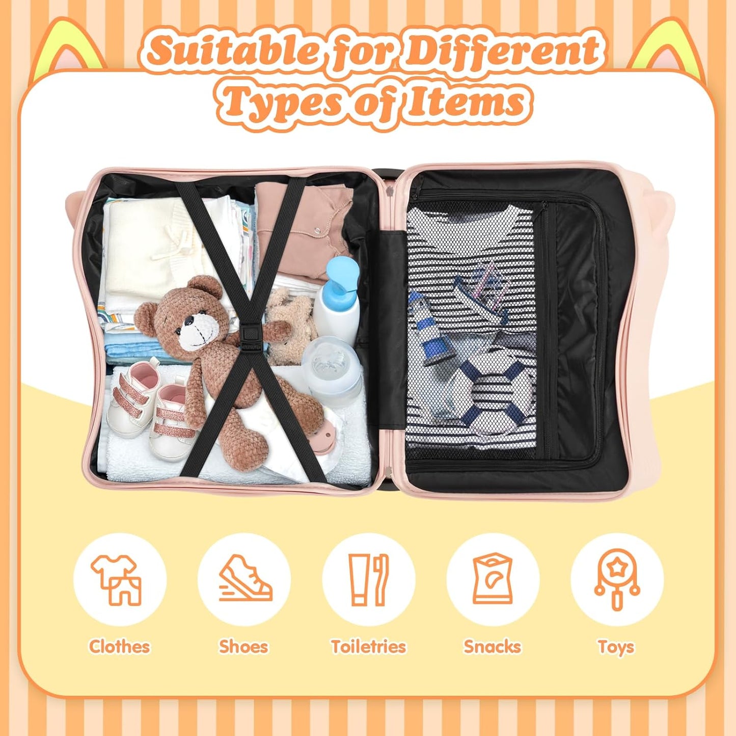 20" Ride-On Travel Suitcase for Kids, Cute Ear Toddler Carry on Luggage with Spinner Wheels & Anti-Lose Rope, Children Rolling Trolly Luggage with Password Lock (Pink with Rope)