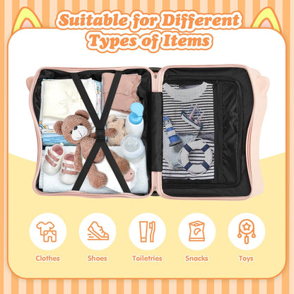 20" Ride-On Travel Suitcase for Kids, Cute Ear Toddler Carry on Luggage with Spinner Wheels & Anti-Lose Rope, Children Rolling Trolly Luggage with Password Lock (Pink with Rope)