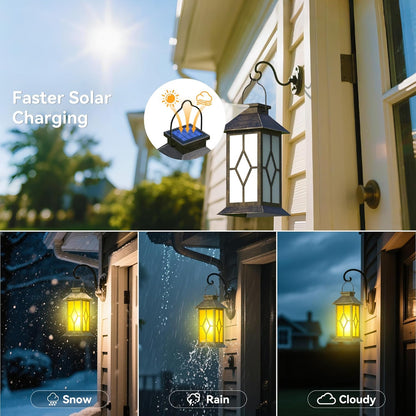 2Pack Patina 13" Metal & Glass Solar Lantern with Flickering Flame, Outdoor Waterproof Hanging Lantern for Garden Patio Yard Pathway Porch Decorative, Vintage Gifts for Mom