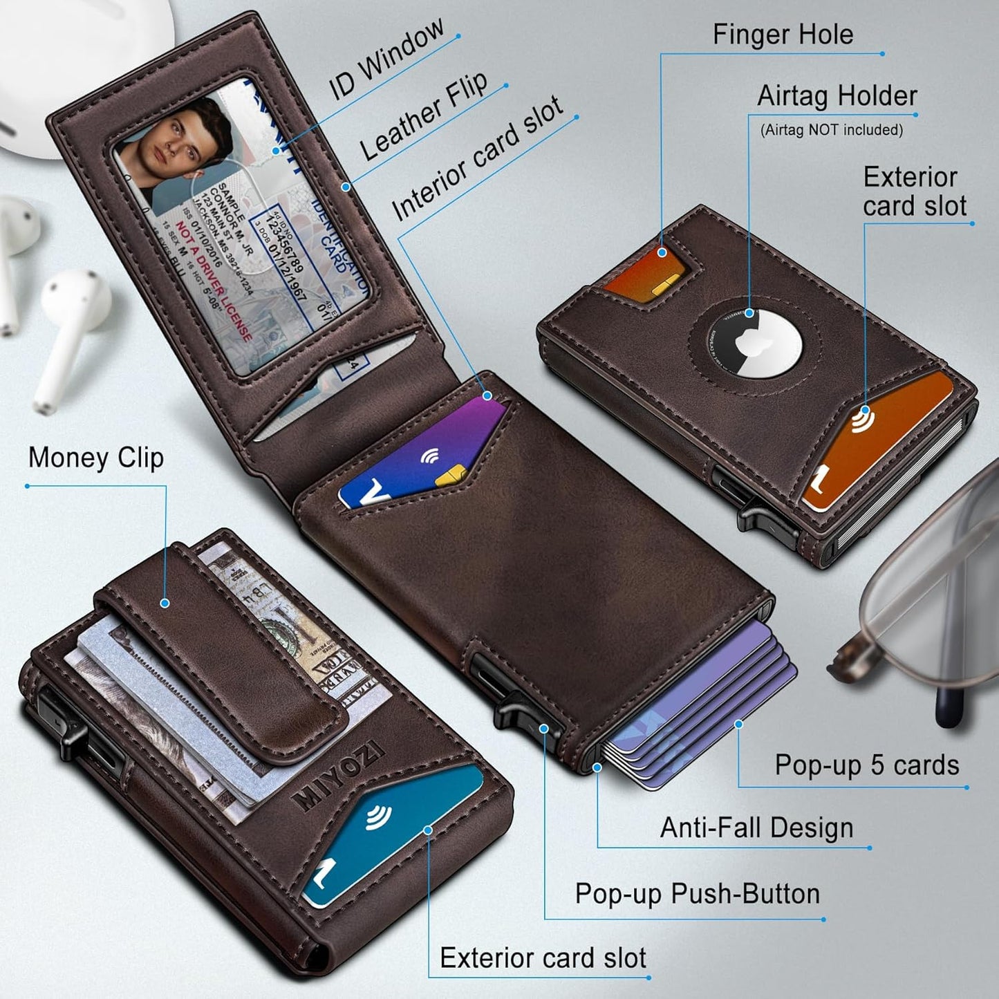 Airtag Wallet for Men,with Money Clip Gift Boxed,Slim Front Pocket Wallet RFID Blocking Metal Case Smart Pop-up Credit Card Holder in Magnetic Leather Flip