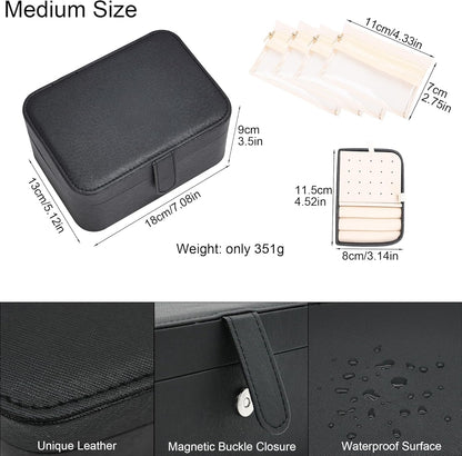 2 Layer Portable Jewelry Box, Large Jewelry Travel Case with 4 Jewelry Pouches, Medium Size Jewelry Organizer Box for Earrings, Necklaces, Bracelets (black)