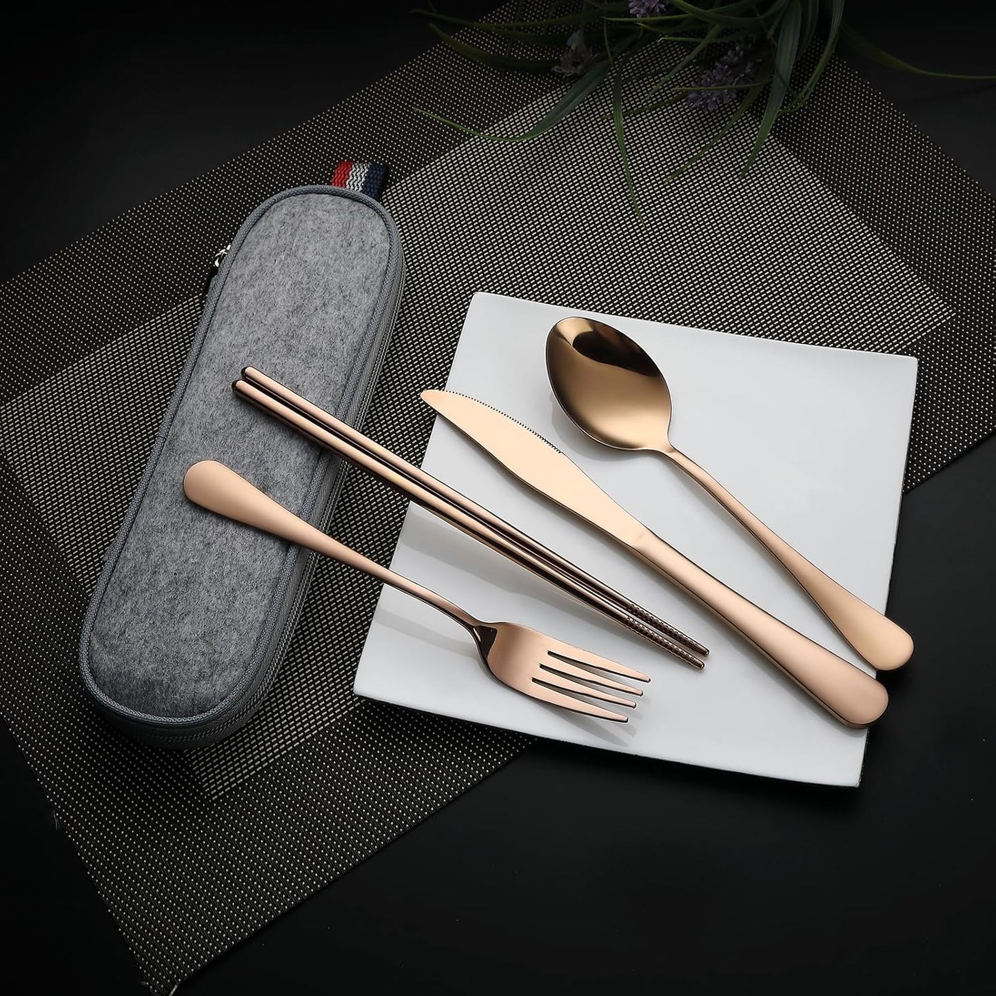 DEVICO Camping Utensils, Portable Travel Utensils with Case, Stainless Steel Reusable Silverware for Lunch Adult, 5Pcs Cutlery Set Includes Knife Spoon Fork Chopsticks and Case (Rose Gold)