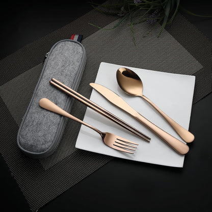 DEVICO Camping Utensils, Portable Travel Utensils with Case, Stainless Steel Reusable Silverware for Lunch Adult, 5Pcs Cutlery Set Includes Knife Spoon Fork Chopsticks and Case (Rose Gold)