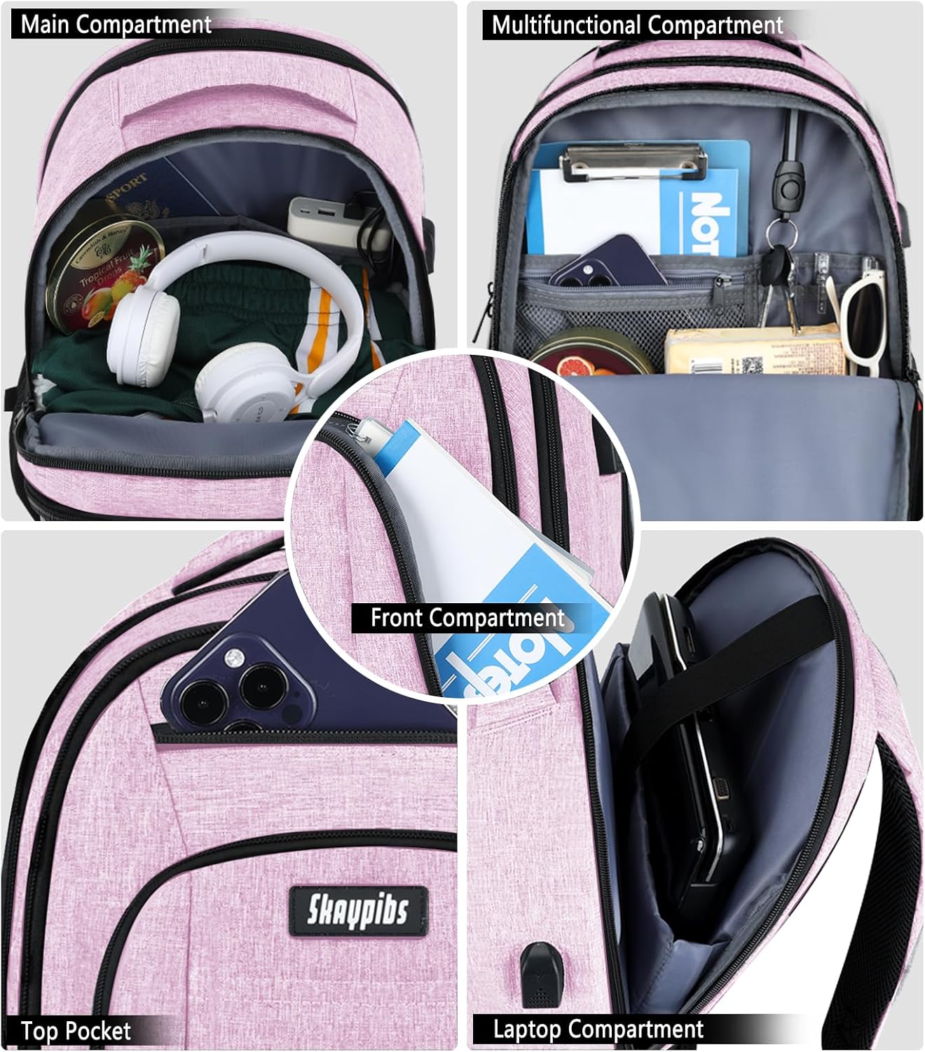 Pink Backpack for Women, School Backpacks for Girls Teen, Bookbag with USB Charging Port, College High School Backpack Fits 15.6 Inch Laptop, Casual Work Business Back Pack