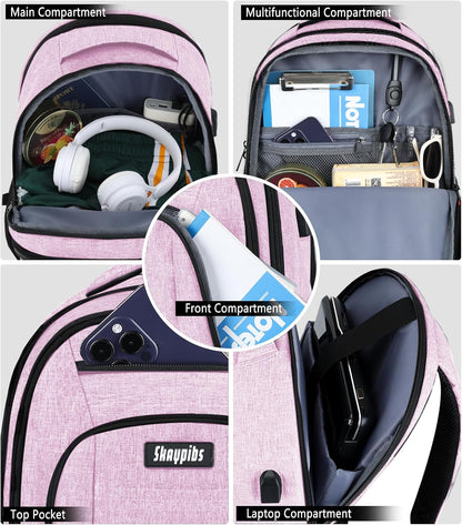 Pink Backpack for Women, School Backpacks for Girls Teen, Bookbag with USB Charging Port, College High School Backpack Fits 15.6 Inch Laptop, Casual Work Business Back Pack