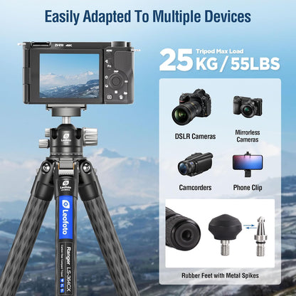 58" Carbon Fiber Tripod, Lightweight Travel Compact Tripod for Mirrorless Camera, DSLR, 4-Sections with Max Tube Dia 36mm, Load Up to 55lbs/25kg (LS-364CX)