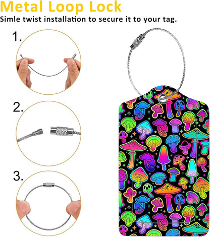 2 Pack Colorful Mushrooms Luggage Tags for Suitcases,Bright Mushrooms Leather Baggage Suitcases Tag Name ID Label Privacy Cover Travel Bag Tags for Women Men Boys Girls