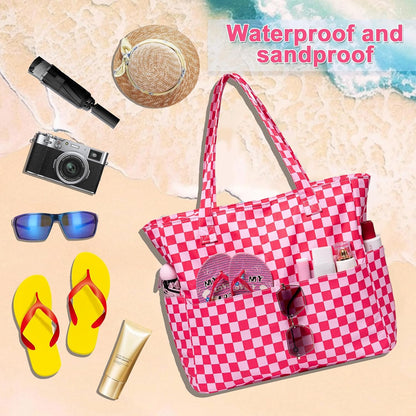 LEDAOU Large Beach Tote Bag Women Waterproof Sandproof Zipper Beach Tote Bag for Pool Gym Grocery Travel with Wet Pocket