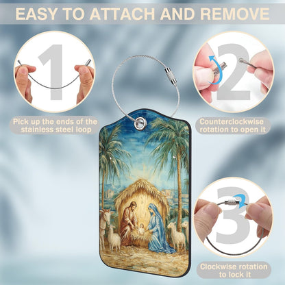 2 Pcs Nativity Scene Luggage Tags for Suitcases PU Leather Baggage Tags Name ID Label with Privacy Cover and Stainless Steel Loop for Men Women Travel Bag Suitcase