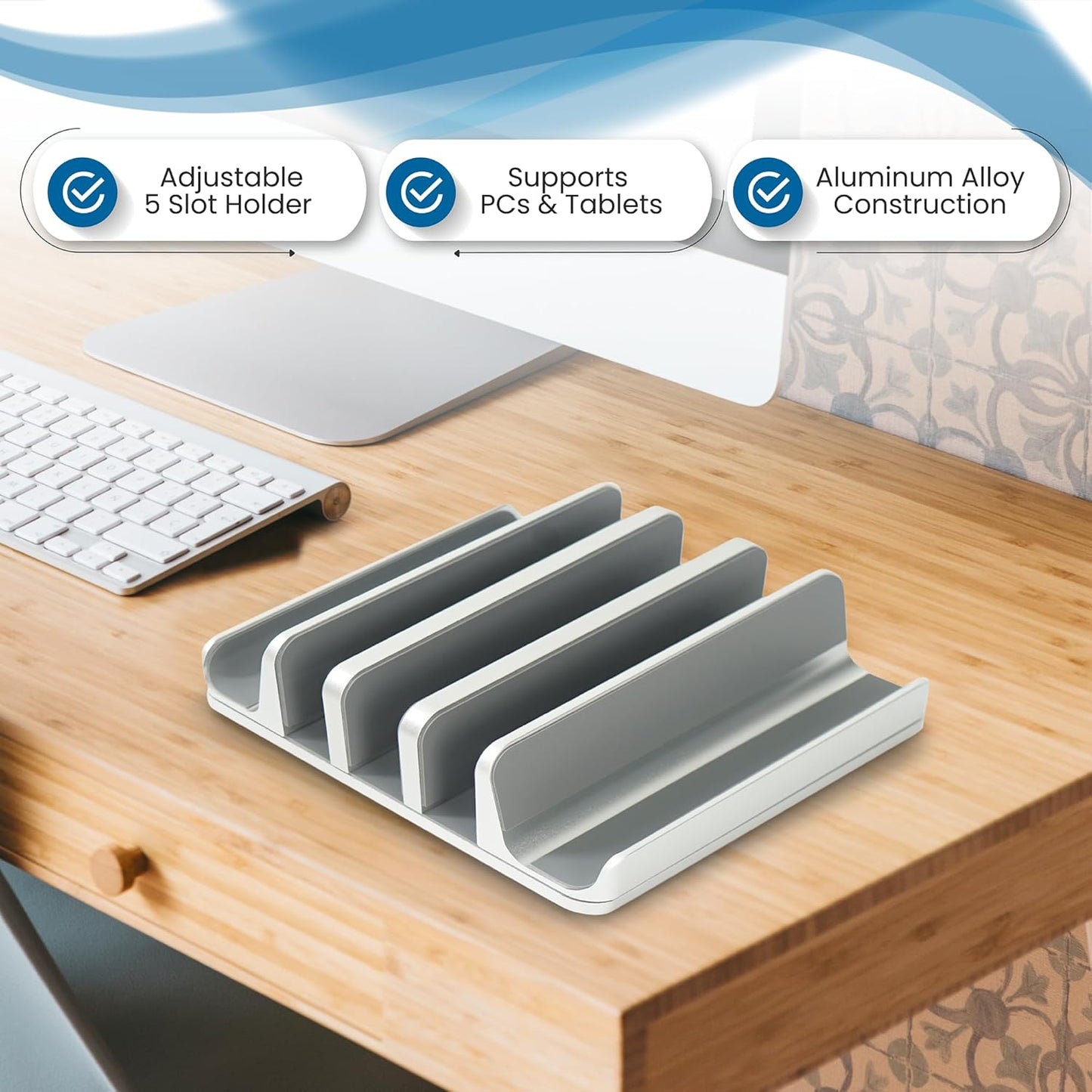 Multiple Laptop Holder Adjustable Laptop Stand Holds 5 Devices, Fits All MacBooks Laptops Tablets and Mobiles (up to 17.3'), Closed Upright Vertical Laptop Stand for Desk