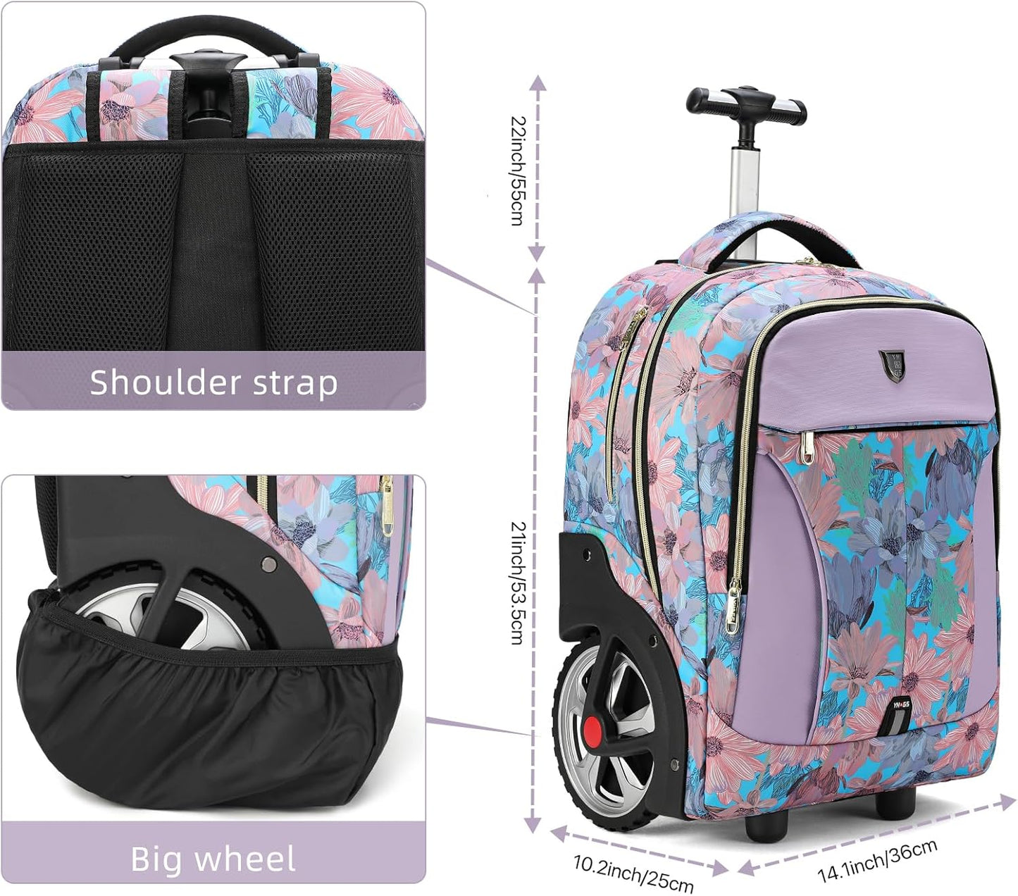 Rolling Backpack,Waterproof Backpack with Wheels for Business and Travel Commuter, Carry on Backpack with Laptop Compartment, Fit 17 Inch Laptop, Wheeled Backpack for Adults