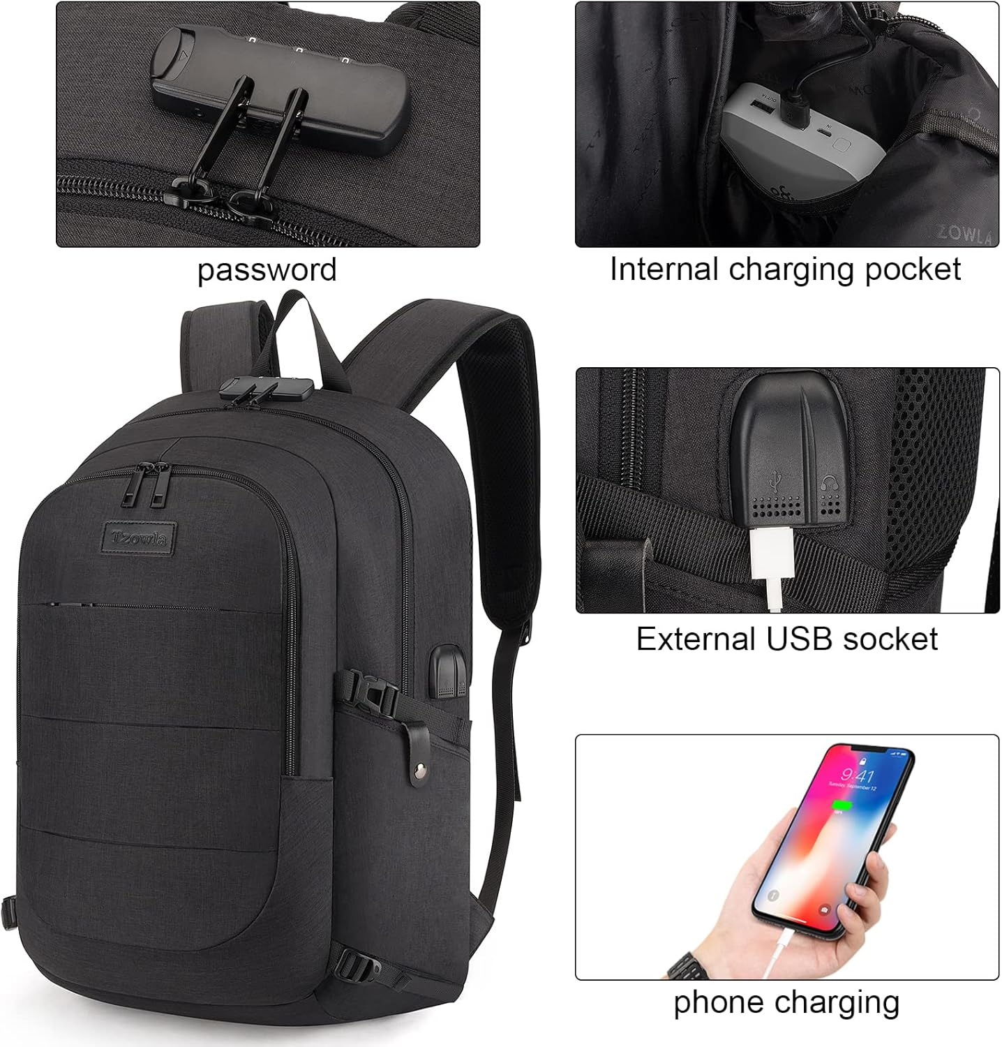 Tzowla Anti-Theft Water Resistant 17.3 Inch Laptop Backpack with USB Charging Port and Lock, Black