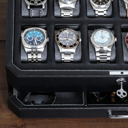 ROTHWELL 12 Slot Leather Watch Box with Valet Drawer - Luxury Watch and Jewelry Case Display Organizer, Microsuede liner, Mens Locking Storage Holder Large Glass Top (Black/Grey)