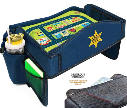 Coolmum Kids Travel Tray, Toddler Car Seat Tray, Double Sided Activity Organizer, Snack Lap Table, Baby Stroller Tray, Airplane Play Table, Waterproof and Foldable (Premium Blue)