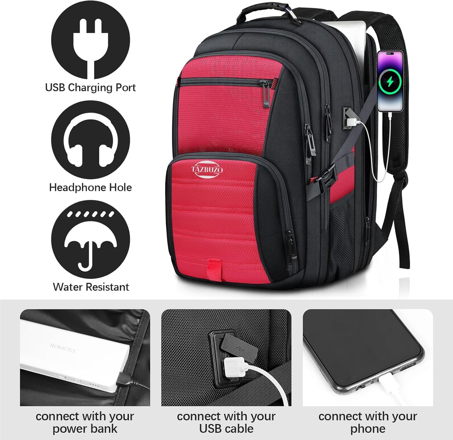 52L Extra Large Travel Backpack, 18.4 Inch Travel Laptop Backpack, Multiple Pockets 55L Carry on Backpack with USB Port, TSA Friendly Water Resistant College School Business Bag for Women, Red