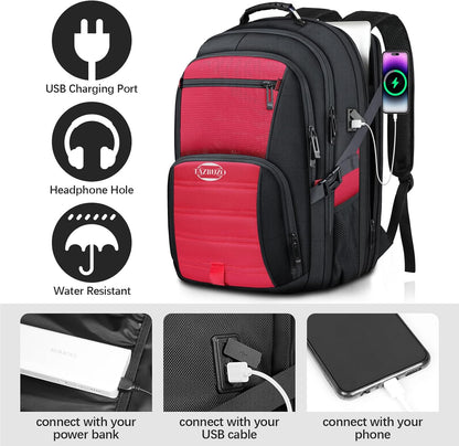 52L Extra Large Travel Backpack, 18.4 Inch Travel Laptop Backpack, Multiple Pockets 55L Carry on Backpack with USB Port, TSA Friendly Water Resistant College School Business Bag for Women, Red