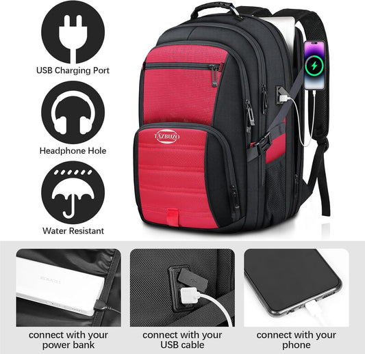52L Extra Large Travel Backpack, 18.4 Inch Travel Laptop Backpack, Multiple Pockets 55L Carry on Backpack with USB Port, TSA Friendly Water Resistant College School Business Bag for Women, Red