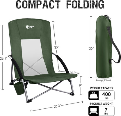 PORTAL Beach Chairs for Adults Camping Low Lightweight Portable Chair with Cup Holder Mesh Back Carry Bag for Outdoor Sand Lawn Travel Picnic Festival Concert, 350LBS