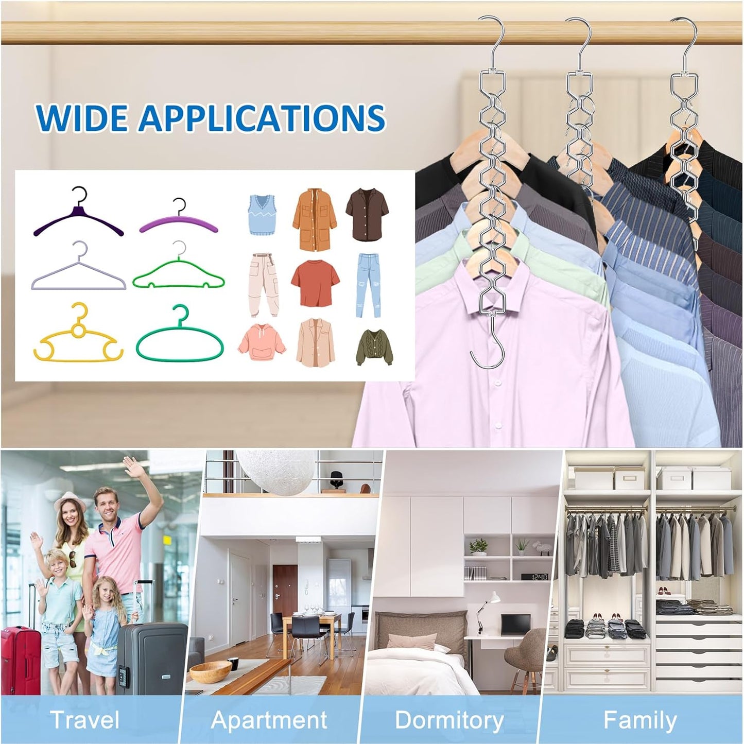 6 Pack Space Saving Hangers for Clothes, Heavy Duty 30Lbs Capacity Magic Clothes Space Saver Sturdy Metal Hanger Organizer with 360° Swivel Hook, Closet Organizers Storage Dorm Essentials Silver